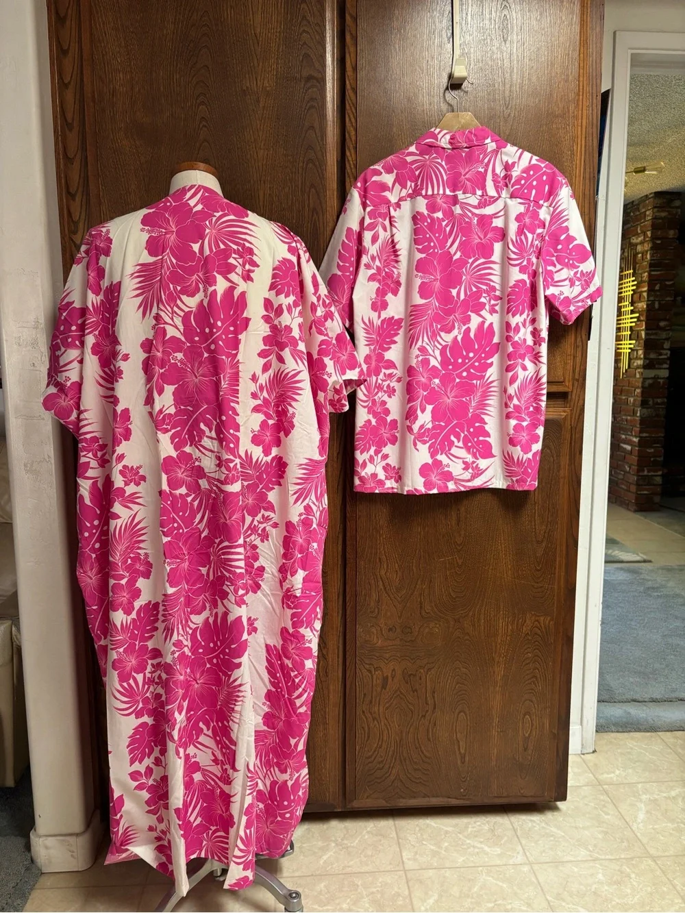 Pink & White Hawaiian Maxi Dress with Mens Matching Shirt. Honeymoon Set.